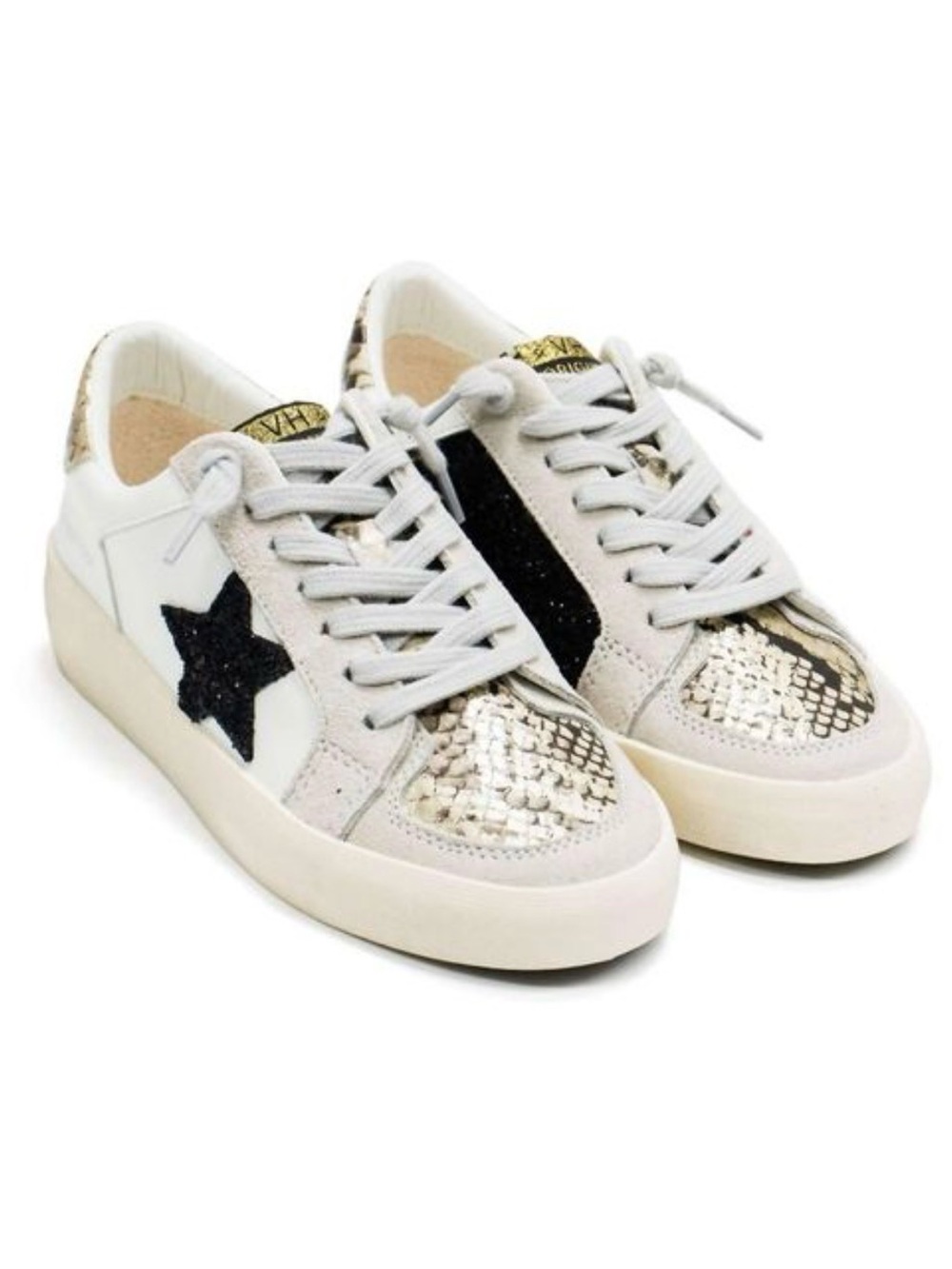 Vintage Havana White Sneakers with Gold Snakeskin & Black Star
